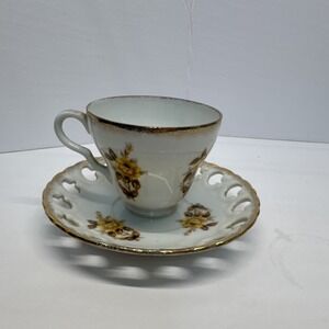 Item Vintage White Porcelain Floral Coffee Cup & Pierced Saucer Set 30ml